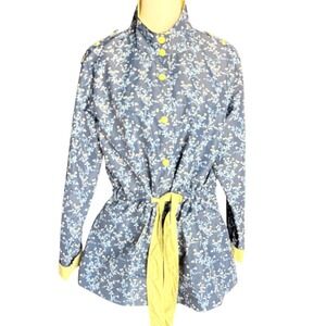 Matilda Jane Blue Floral Rain Jacket Yellow Trim Belted Utility Coat Womens L